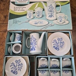 Sears White and Blue Porcelain Kids Tea Set - Blue Bird Design